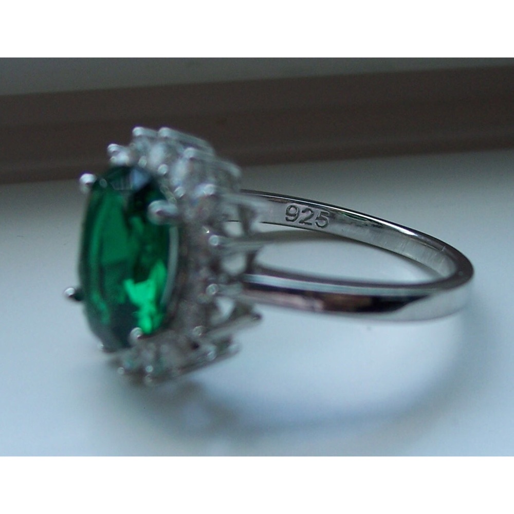 925 STERLING SILVER Simulated Emerald Cubic Zirconia Halo Ring - Picture 14 of 16